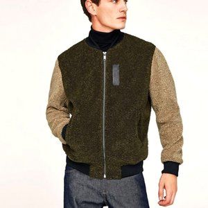 ZARA MAN BOMBER TEDDY JACKET SIZE MEDIUM OLIVE AND CREAM
